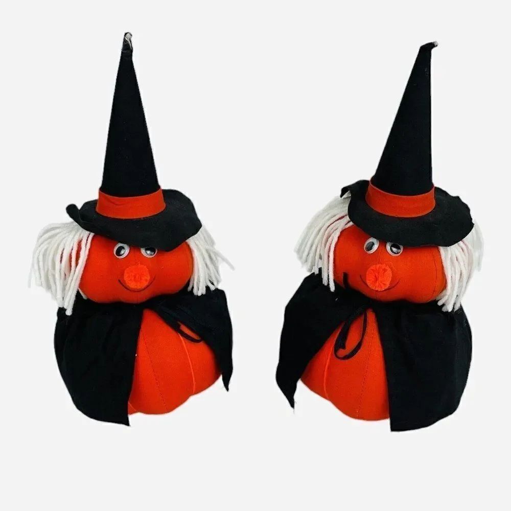 Vintage Set 2 Handmade 11" Plush Pumpkin Witches Halloween Spooky Cute Decor